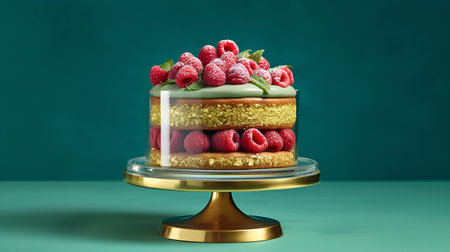 Piece of cake decorated with raspberries and mint on golden stand on green backgroundの素材