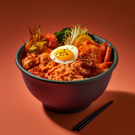 Bowl of udon noodles with shrimps, vegetables and fried egg on orange backgroundの素材