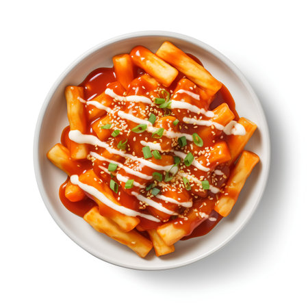 Bowl with korean food (crispy fried potatoes) on white backgroundの素材