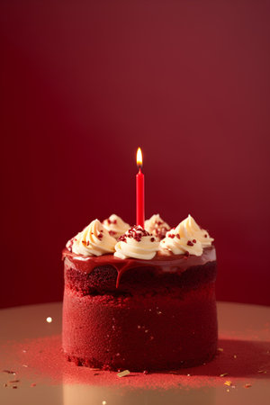 Red velvet cake with a red candle on a red background, copy spaceの素材