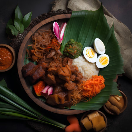 Rice with beef and vegetables in a wooden bowl on a dark backgroundの素材