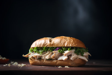 Sandwich with chicken and vegetables on a dark background. Selective focus.の素材