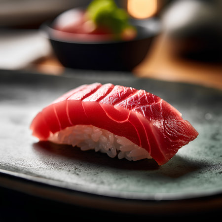 Traditional japanese food - nigiri sushi on a black plateの素材