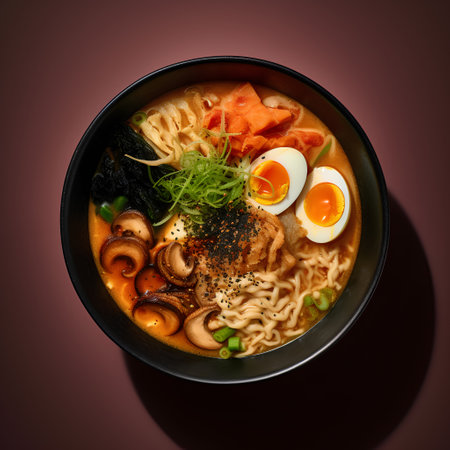 Japanese ramen noodle soup with salmon and egg on dark backgroundの素材