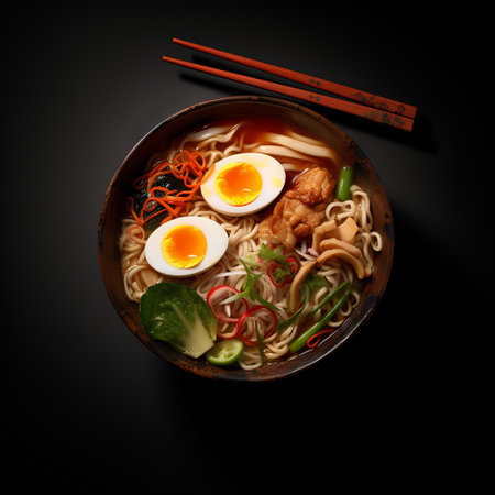 Japanese ramen noodle soup with pork, egg and vegetables on black backgroundの素材
