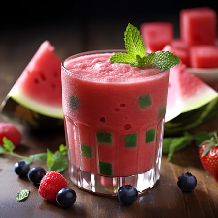 Watermelon smoothie with mint and berries on a wooden background.の素材