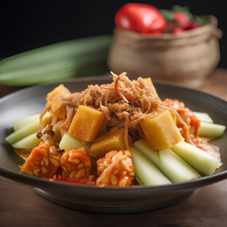 Stir-fried rice noodles with pork and vegetables in a bowlの素材