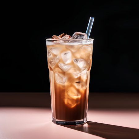 Iced coffee with ice cubes in a tall glass on a black backgroundの素材
