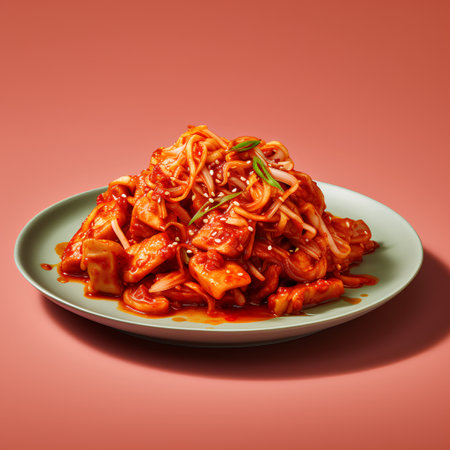 Stir-fried kimchi in a plate on a colored backgroundの素材