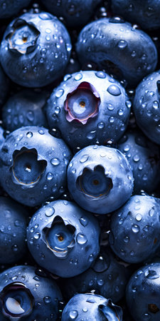 Blueberries with water drops. Blueberry background. Top view.の素材