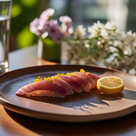 Sashimi with lemon on a plate. Selective focus.の素材
