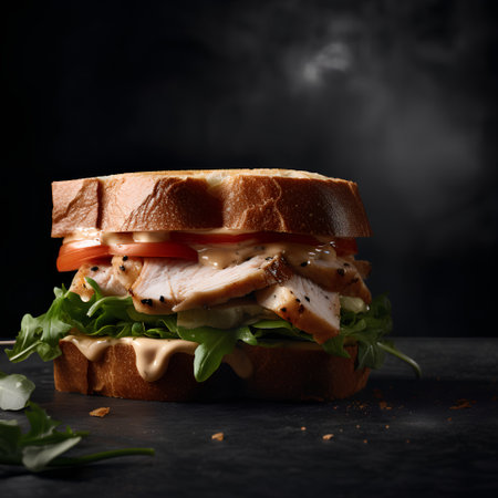 Chicken sandwich with arugula, tomato and cheese on dark backgroundの素材