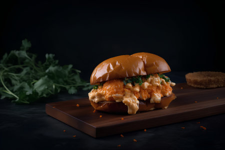 Hamburger with salmon and cheese on a wooden board on a black backgroundの素材