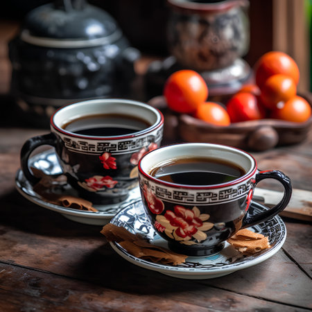 Cup of coffee on a wooden table with persimmon.の素材
