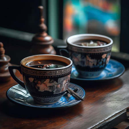 Cup of tea on a wooden table. Selective focus.の素材