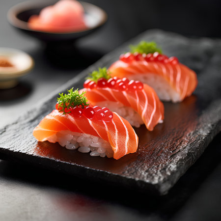 Salmon Sushi - Japanese food style on black slate plate.の素材