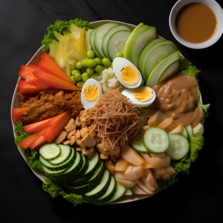 Buddha bowl with chicken, rice noodles, vegetables and sauce on black backgroundの素材