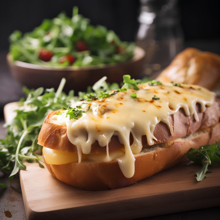 Sandwich with melted cheese and salad on a wooden board. Selective focus.の素材
