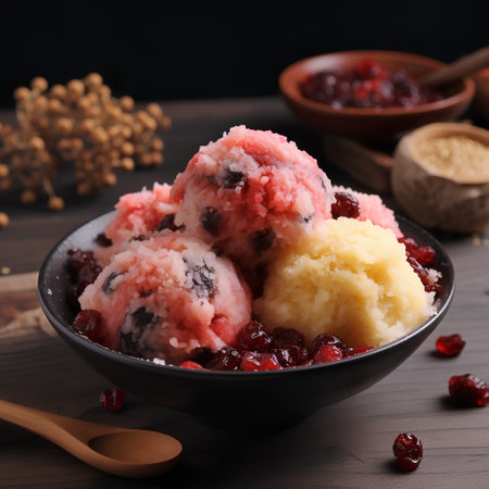 Raspberry ice cream with cranberries in bowl on wooden table.の素材