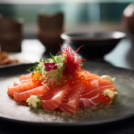 Salmon sashimi served on a plate in a Japanese restaurantの素材