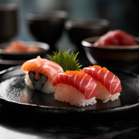 Sushi set on a black plate. Japanese food. Shallow depth of field.の素材