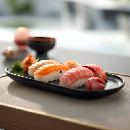 Sushi set on a black plate on a wooden table in a restaurantの素材