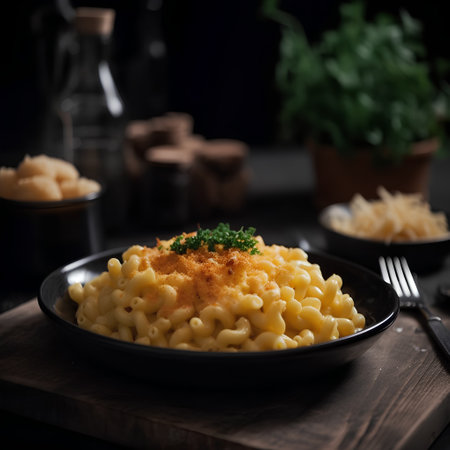 close up of macaroni and cheese in black bowl on wooden tableの素材