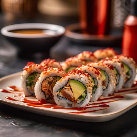 sushi rolls on a dark background. toning. selective focusの素材