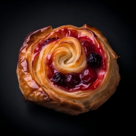 Freshly baked berry pie on a black background. Toned.の素材