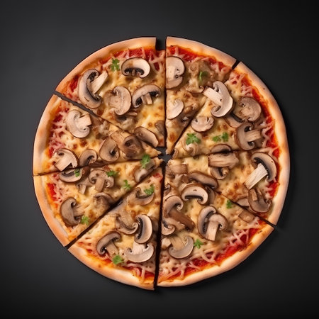 Pizza with champignons and cheese on a black background.の素材