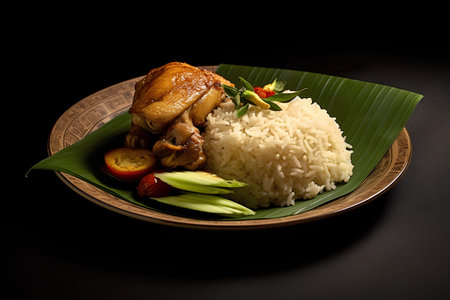 Rice with chicken and vegetables on a plate. Black background.の素材