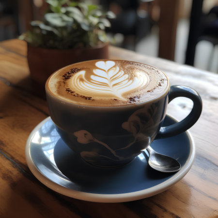 Coffee cup on wood table in coffee shop, stock photoの素材