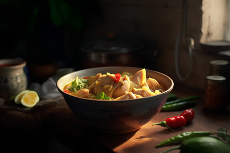 Thai spicy chicken soup with chili pepper and lime on wooden tableの素材