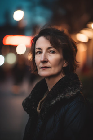 Portrait of a middle-aged woman on the street at nightの素材