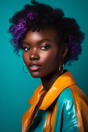 Beautiful african american woman with afro hairstyle and colorful makeupの素材