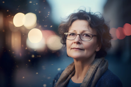 portrait of senior woman with eyeglasses on blurred city background