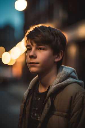 Portrait of a teenage boy in the city at night. Selective focus.の素材