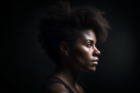 Beautiful african american woman with afro hairstyle on black backgroundの素材