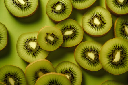 Kiwi fruit slices on green background. Flat lay, top viewの素材