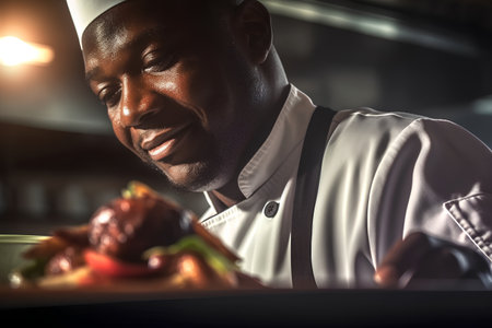 Portrait of smiling african american male chef cooking in restaurantの素材