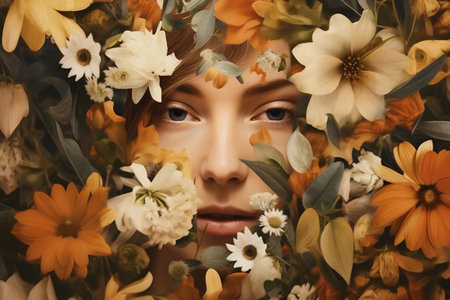 Portrait of beautiful young woman with chamomile flowers.の素材