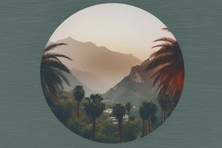 Easter egg with palm trees and mountains in the background. The concept of Easter holidayの素材
