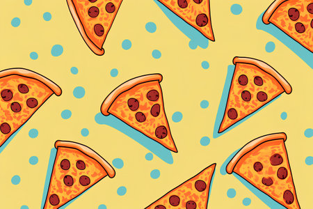 Seamless pattern with pizza on yellow background. Vector illustration.の素材