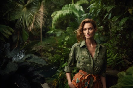 Beautiful young woman in a green jacket in a tropical jungle.の素材