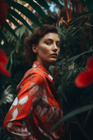Fashion portrait of young beautiful woman in red kimono posing among tropical plants.の素材