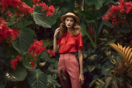 Beautiful young woman in hat and red blouse among tropical plantsの素材
