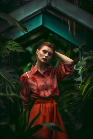 Beautiful red-haired girl in a red dress among tropical plantsの素材