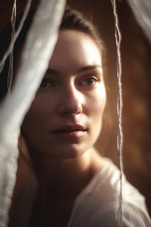 Portrait of a beautiful young woman in a white dress in the interiorの素材