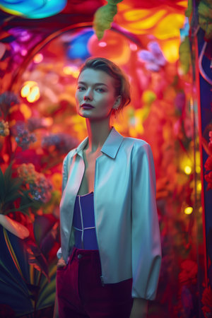 Portrait of a beautiful girl in a white blouse and red pants on a background of flowers.の素材