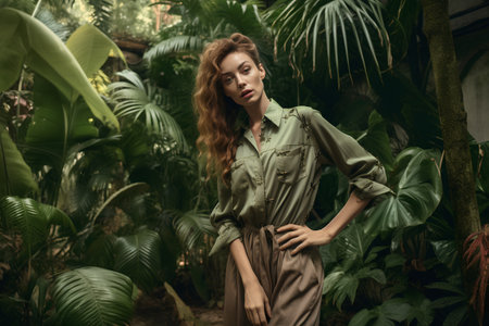 Beautiful young woman in green dress posing in tropical garden. Fashion shot.の素材